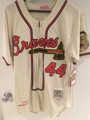 “Hammerin’” Hank Aaron Atlanta Braves zippered jersey,NWT,Mens L/XL, 23” P-T-P Cover
