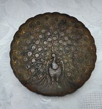 Unusual vintage copper with white metal overlay Peacock dish