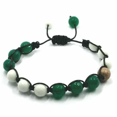 BRACCIALE SHAMBALLA AGATA BIANCA E AGATA VERDE 10mm CORDINO CERATO ARGENTO - Immagine 1 di 3