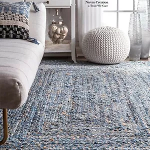 Rug Rectangle Jute & Denim Runner Natural Handmade Carpet Braided Modern Rugs - Picture 1 of 7