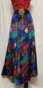Vintage 80s Black & Bright Stained Glass Liquid Satin Panel Midi Maxi Skirt Sz 8 - Picture 1 of 17