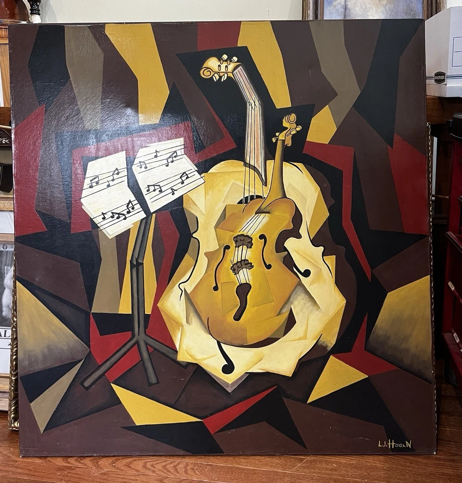 Signed L.J. Hogan Modernist Surrealism Violin Oil Painting on Canvas 42x40 - Image 1 of 4