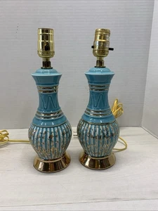 MCM Vintage Gold And Turquoise Nightstand Lamps Set Of 2  - Picture 1 of 6