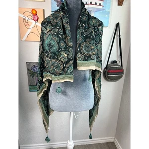 J. Jill- NWT- Square- tassel ends- teal black pasiley shawl velvet trim - Picture 1 of 5