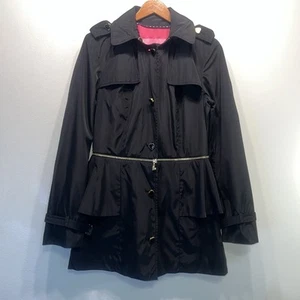 Betsey Johnson donna Anorak Peplum impermeabile giacca con cappuccio nero rosa taglia S - Foto 1 di 15