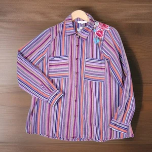 ANDREE BY UNIT Top Women's Large Embroidered Floral Button Up Striped Blouse - Picture 1 of 10