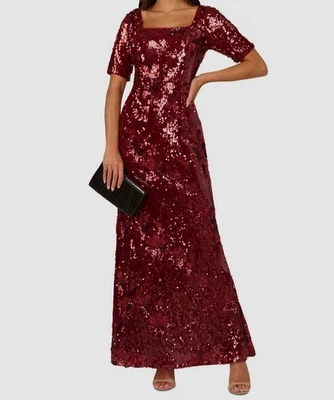 Adrianna Papell Women's Red Sequins Square Neck Elbow Sleeve Gown Dress Size 10 - Image 1 of 4