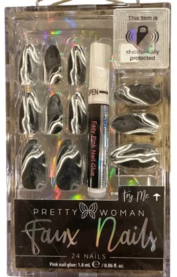 漂亮的女人 24 FAUX NAILS 长别致杏仁形状哑光+大理石黑色+白色阅读! — 第 1/2 张图片