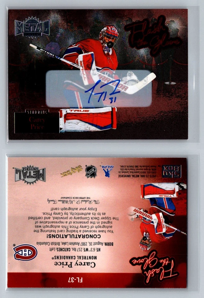 2022-23 Skybox Metal Universe Carey Price Flash The Glove Autograph SSP - Image 1 of 1