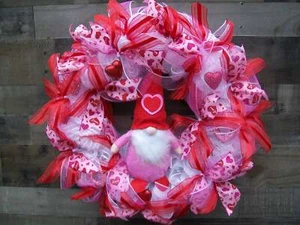 Pink Red Gnome Valentine's Day Deco Mesh Front Door Wreath with Hearts - Picture 1 of 6