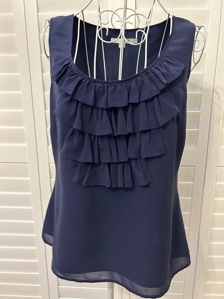 Boden Mujer Azul Marino Doble Capa 100% Seda Top Sin Mangas con Volantes Reino Unido 12 Foto 1 de 4