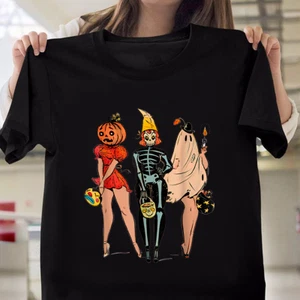 Halloween Witch Pin Up Retro Vintage Pumpkin Women T-Shirt - Picture 1 of 3