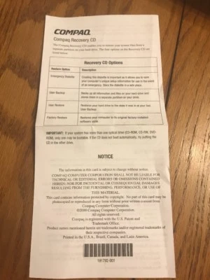 COMPAQ Compaq Recovery CD Instruction Manual Ships N 24h - Image 1 of 2
