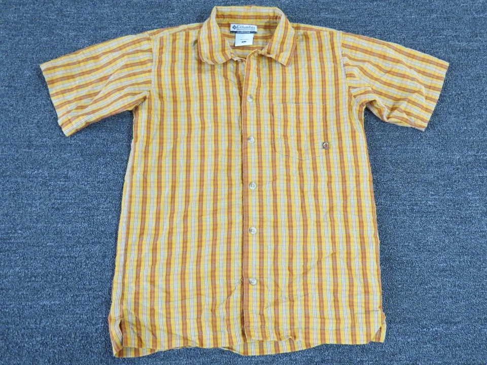 Columbia Shirt Boys Size Large Button Up Short Sleeve Orange Blue Plaid Cotton - Image 1 of 4