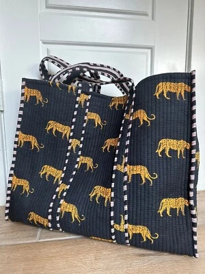Indian Black Tiger Printed Quilted Shoulder Bag Women's Beach Cotton Handbag UK - Image 1 of 2