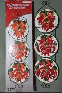 KMC Chili Hand Painted Fine Ceramicware 3pc Wall Plaque w/ Iron Rack - Picture 1 of 7