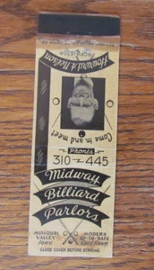 MIDWAY BILLIARDS PARLORS MATCHBOOK COVER: MISSOURI VALLEY, IOWA MATCHCOVER -A19 - Zdjęcie 1 z 3