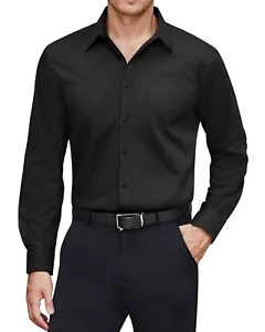 Men's Dress Shirts Cotton Stretch Long Sleeve Solid Formal Shirt Business Sta... - Picture 1 of 6