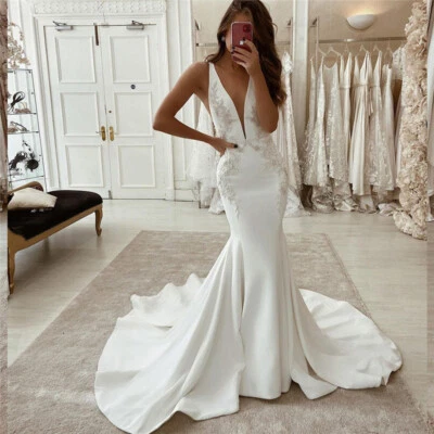 Sexy Mermaid Wedding Dresses Deep V Neck Satin Applique Bridal Gowns Sweep Train - Image 1 of 4