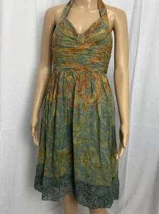 Vintage Adrianna Papell 100 % Seide Neckholder Kleid grün orange Boho Midi Gr. 4 gebraucht, in einwandfreiem Zustand - Bild 1 von 17