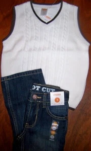 Jeans Set Bootcut 2pc Gymboree White V neck Sweater Vest Boy size 4 New - Picture 1 of 3