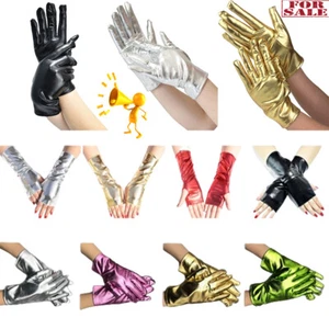Women Punk Shiny FauxPatent Leather Short Fingerless Gloves Half Finger Mittens< - Picture 1 of 31