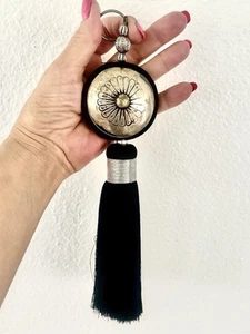 VINTAGE MORACCAN SILVER MEDDALLION/BLACK SILK TASSEL KEYCHAIN 11”x2.75” - Picture 1 of 7