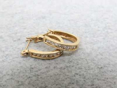 14k Diamond Earrings Hoop Yellow Gold Pierced 5/8" Channel Set 2.84g Designer MA - Image 1 of 4