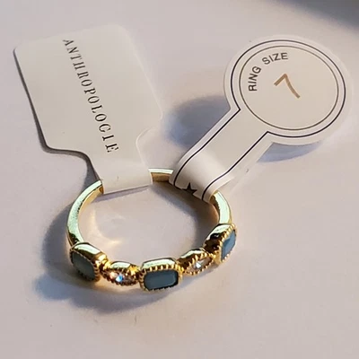 Anillo Anthropologie Turquesa Cuadrado y Ovalado Piedras Preciosas Oro Sobre Latón Talla 7 Nuevo Con Etiquetas Foto 1 de 4
