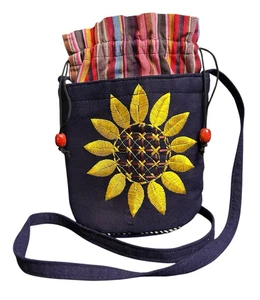 Sunflower Crossbody Drawstring Cotton Canvas Handbag Womens 7.5"x6.75"x3" - Picture 1 of 8
