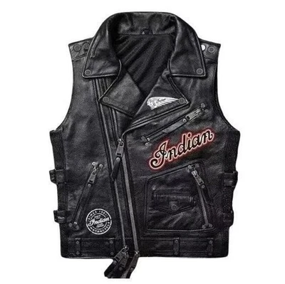 Men's Black Indian Motorcycle 1901 Jacket Café Racer Biker Leather Vest - Image 1 of 4
