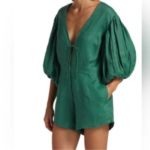 SWF Linen Puff-Sleeve Romper Green Equilibrium V Neck Boutique - Picture 1 of 9
