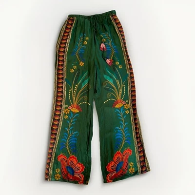 Farm Rio x Anthropologie Satin Floral Wide Leg Pants Green Small EUC - Image 1 of 4