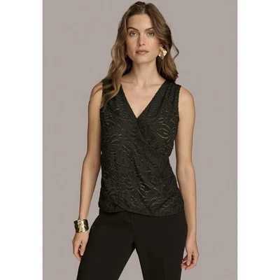 Blusa Donna Karan New York Metálica Floral Imitación Envoltura Sin Mangas en Negro-XL Foto 1 de 4