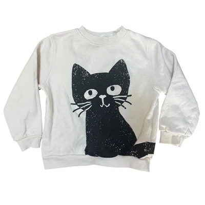 H&M Kids Black Cat Graphic Print Cream Sweatshirt Size 5-6 - Image 1 of 3
