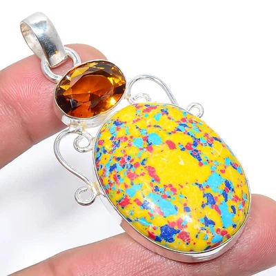 Rainbow Mosaic Jasper & Golden Topaz Silver Plated Jewelry Pendant 2.6" M152 - Image 1 of 3