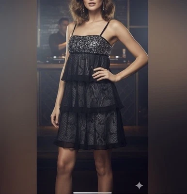 Marc Bouwer Silk Snake Sequin Tiered Babydoll Cocktail Slip Dress 0 - Image 1 of 4