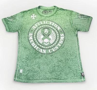 Camiseta Affliction Para Hombre 2XL Verde Burnout Motociclista American Customs Alas Calavera Foto 1 de 4