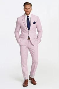 Emigre Classic Fit Pink Striped Two Button Cotton Seersucker Suit - Picture 1 of 14