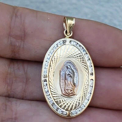 Oval Real 14k gold virgin Mary Holy mother pendant charm 1.35 inch diamond cut  - Image 1 of 4