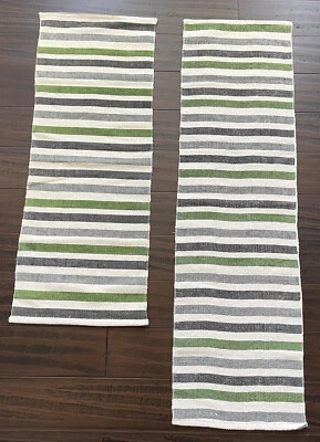 2 Crate and Barrel Striped Table Runners Green Gray Blue 47" x 13" and 38" x 14" - Image 1 of 4
