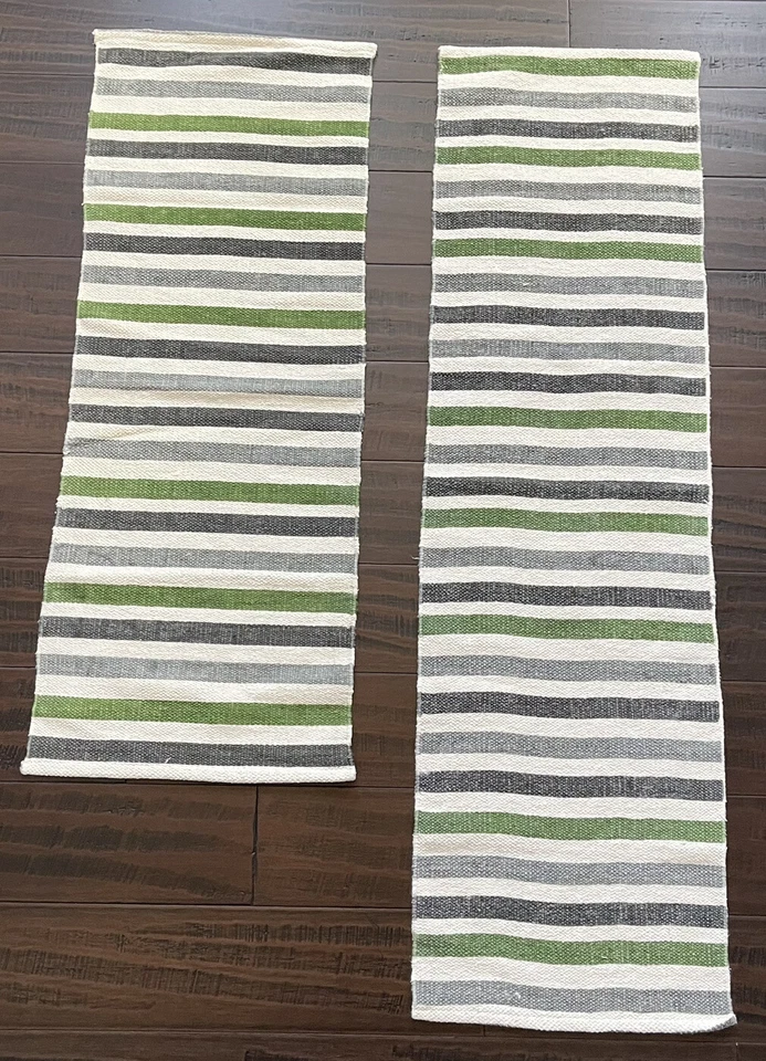 2 Crate and Barrel Striped Table Runners Green Gray Blue 47" x 13" and 38" x 14" - Image 1 of 4