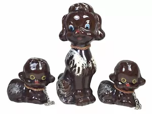 Barboncino cane e cuccioli guinzaglio giapponese vintage ceramica rossa smaltata 3 statuine - Foto 1 di 8