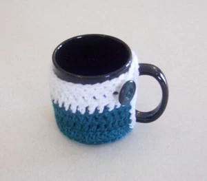 Hand Crochet White & Dark Teal Buttoned Coffee Mug Cozy - Picture 1 of 4