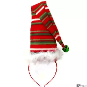 Cute Long Festive Elf Striped Christmas Hat W/ Bell Headband, Red Green White - Picture 1 of 2