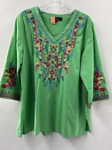 Túnica para mujer Calessa manga 3/4 bordada algodón verde cuello en V talla mediana - Imagen 1 de 10