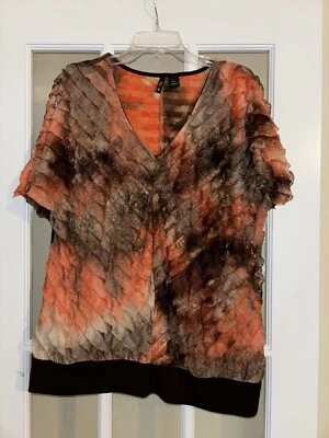 Blusa New Directions naranja/marrón con volantes brillantes manga corta única 2XL Foto 1 de 4