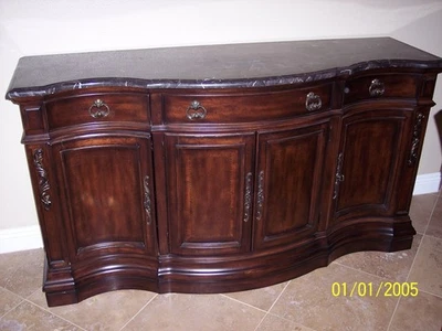NEW Marble Top Formal Buffet Table - Wine Cabinet Traditional Cherry Brown - Image 1 of 4