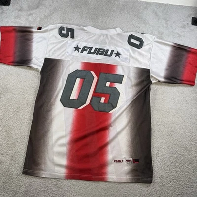 Camiseta deportiva vintage FUBU Athetics para hombre XL blanca roja Y2K fútbol #5 malla hip hop Foto 1 de 4