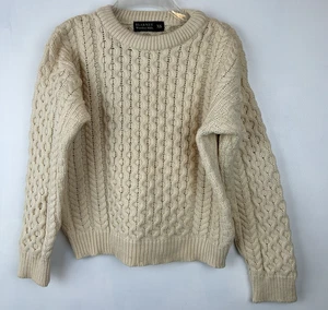 Irish Cable Knit Wool Sweater Womens XS Chunky Fisherman Merino Ivory Capsule - Picture 1 of 8